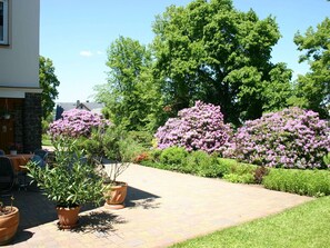 A garden with potted plants and flowering shrubs. - Erholungsbasis in Pockau (Pockau)