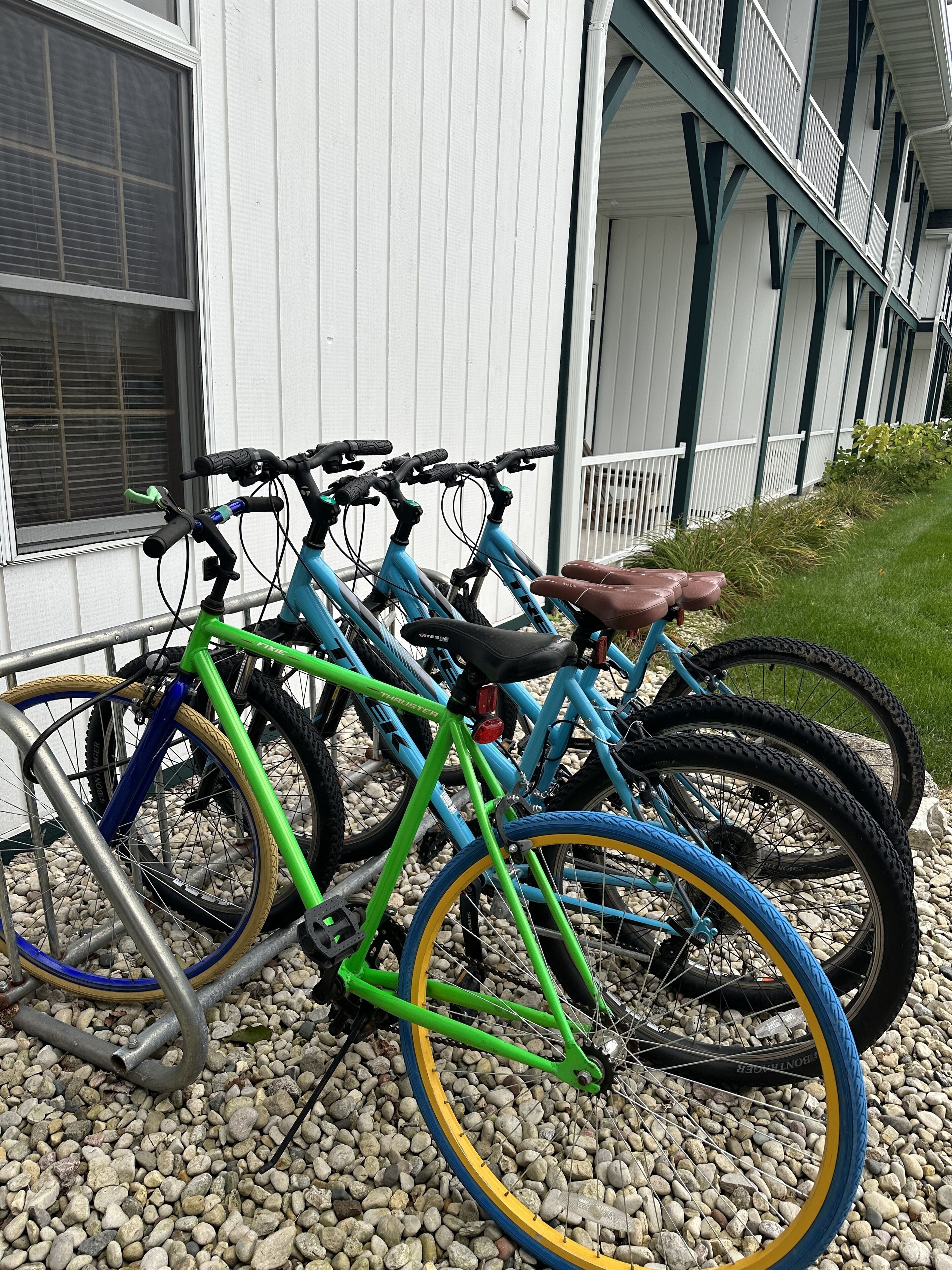 Bicycles parked outside a building with a white exterior and green accents.