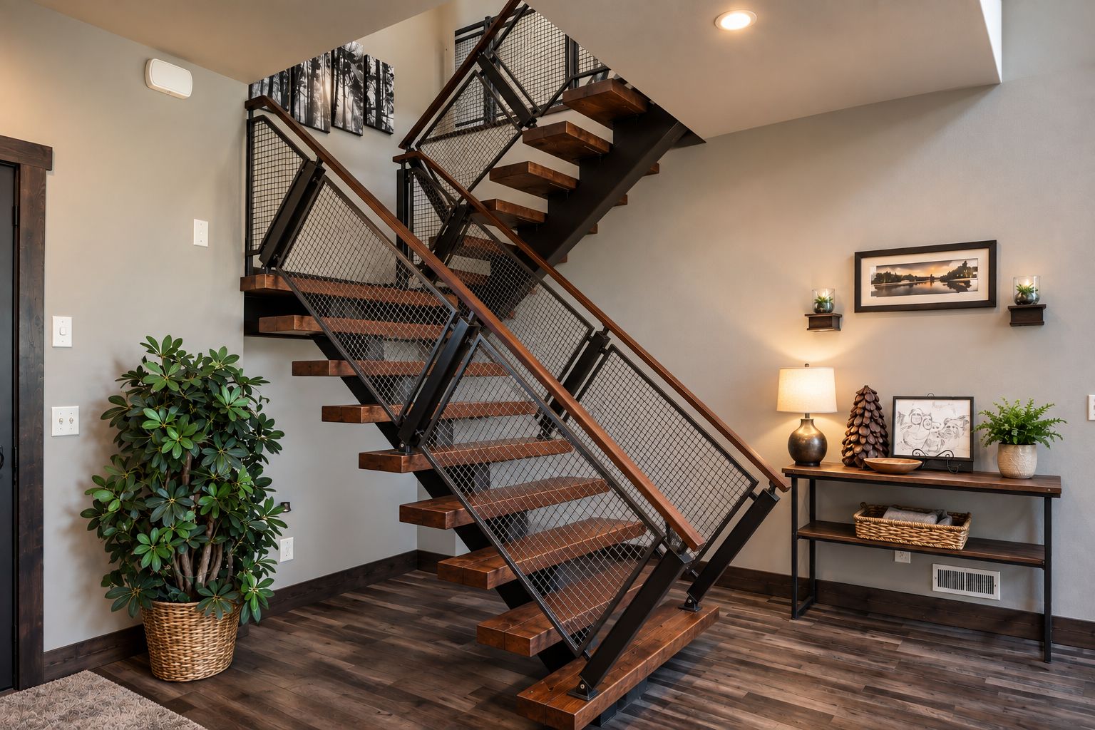 A spiral staircase with wooden steps and metal railings, a potted plant, and a small table with a lamp and decorative items.