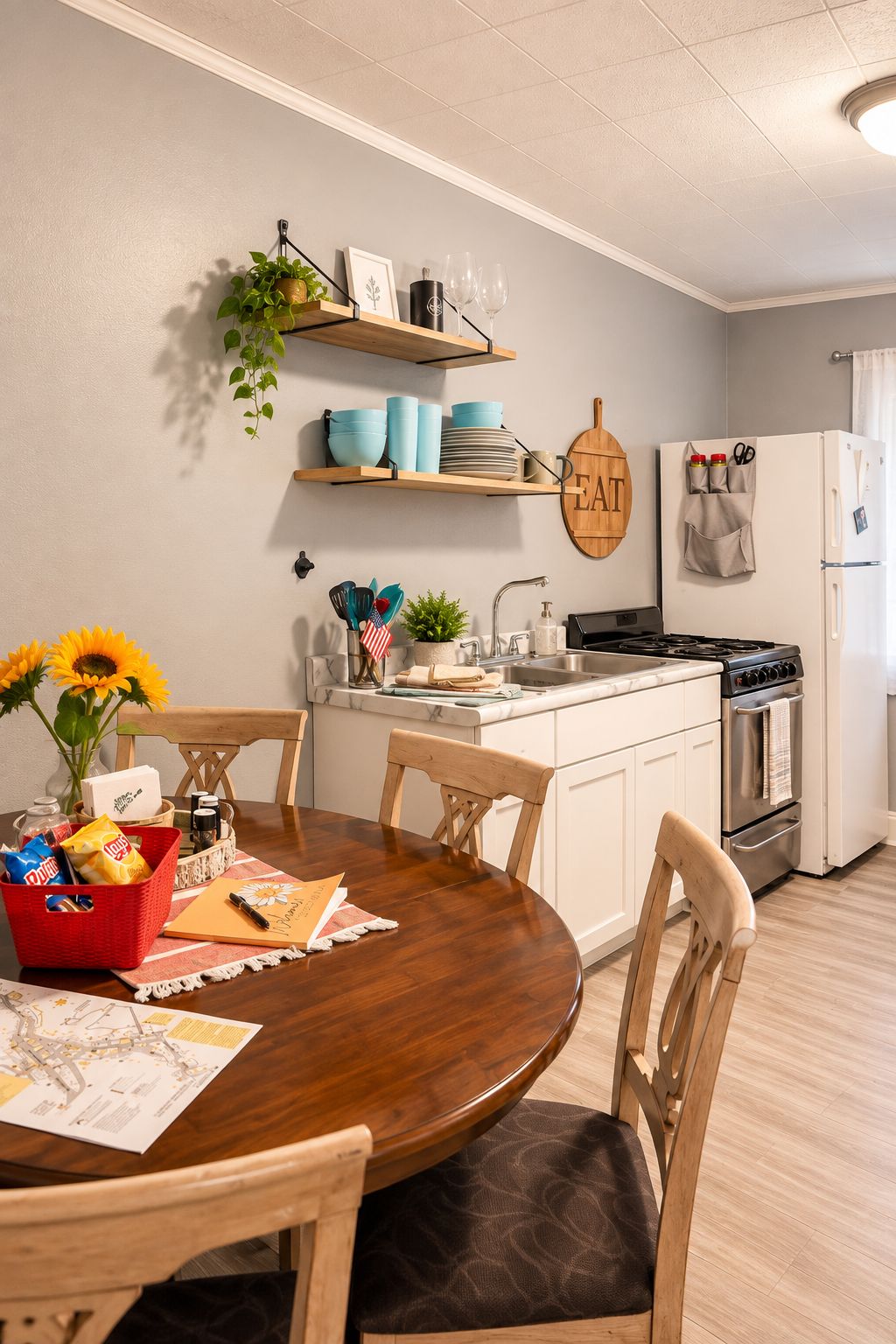 A compact kitchen with white cabinets, a wooden dining table, and a hanging plant.