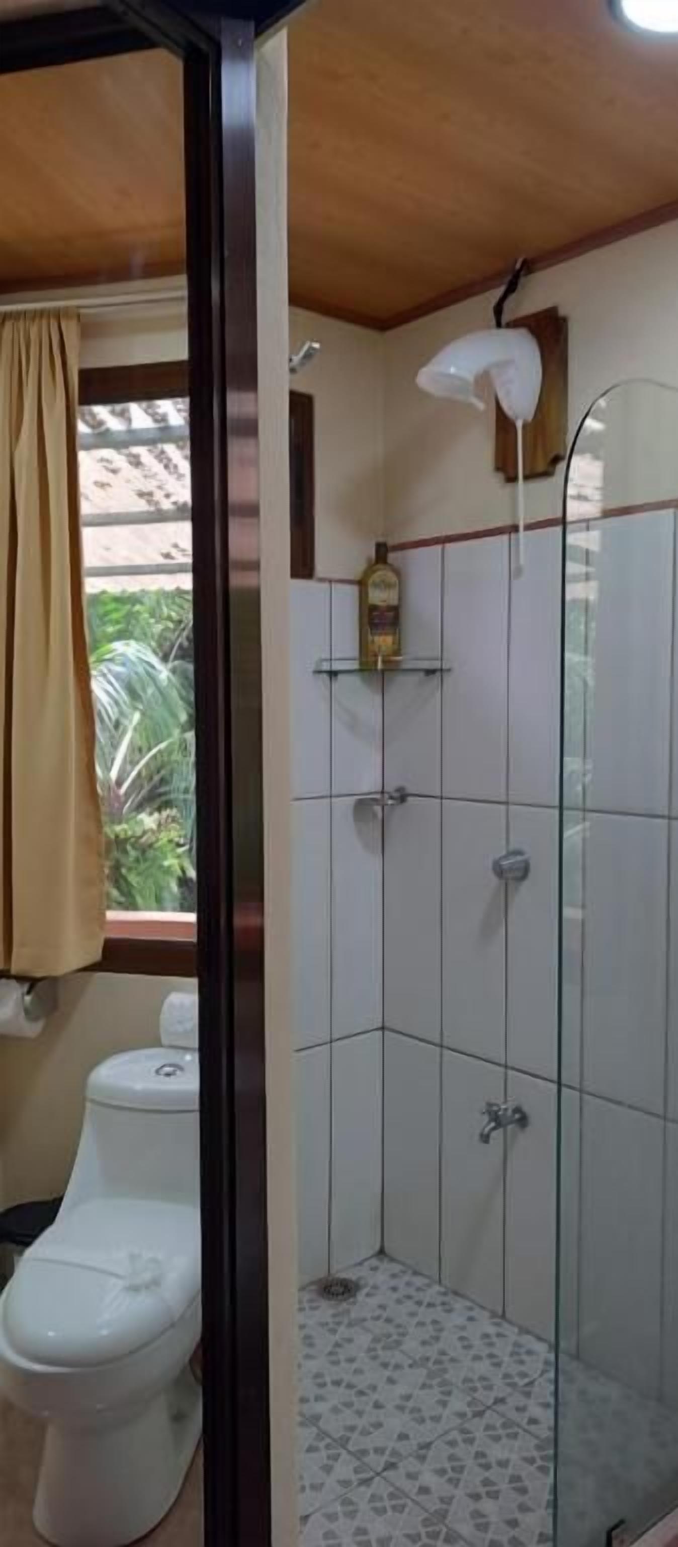Un baño con inodoro, ducha con puerta de vidrio y ventana con cortinas.