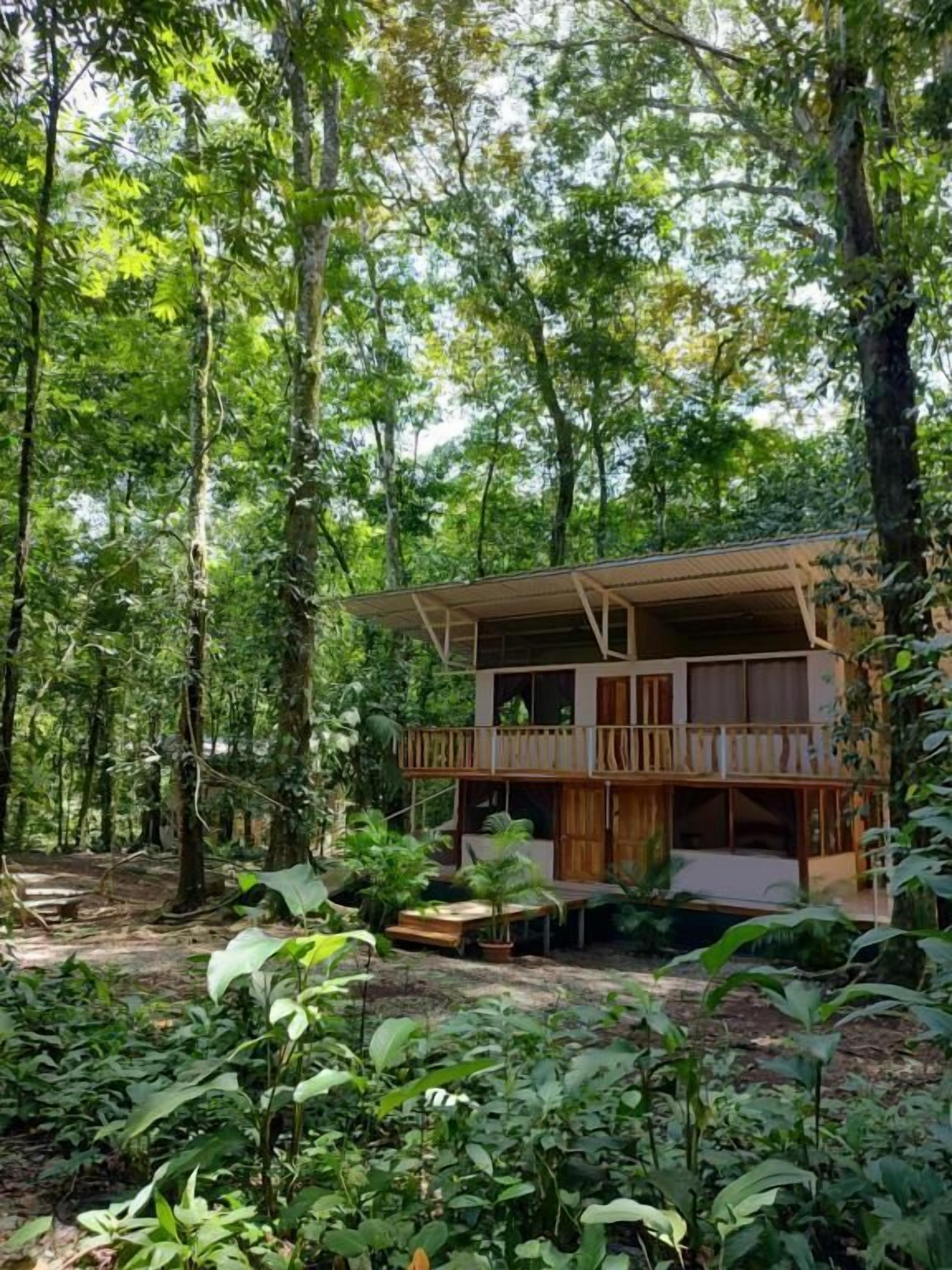 Eine Holzhütte mit Balkon, umgeben von dichtem Wald.