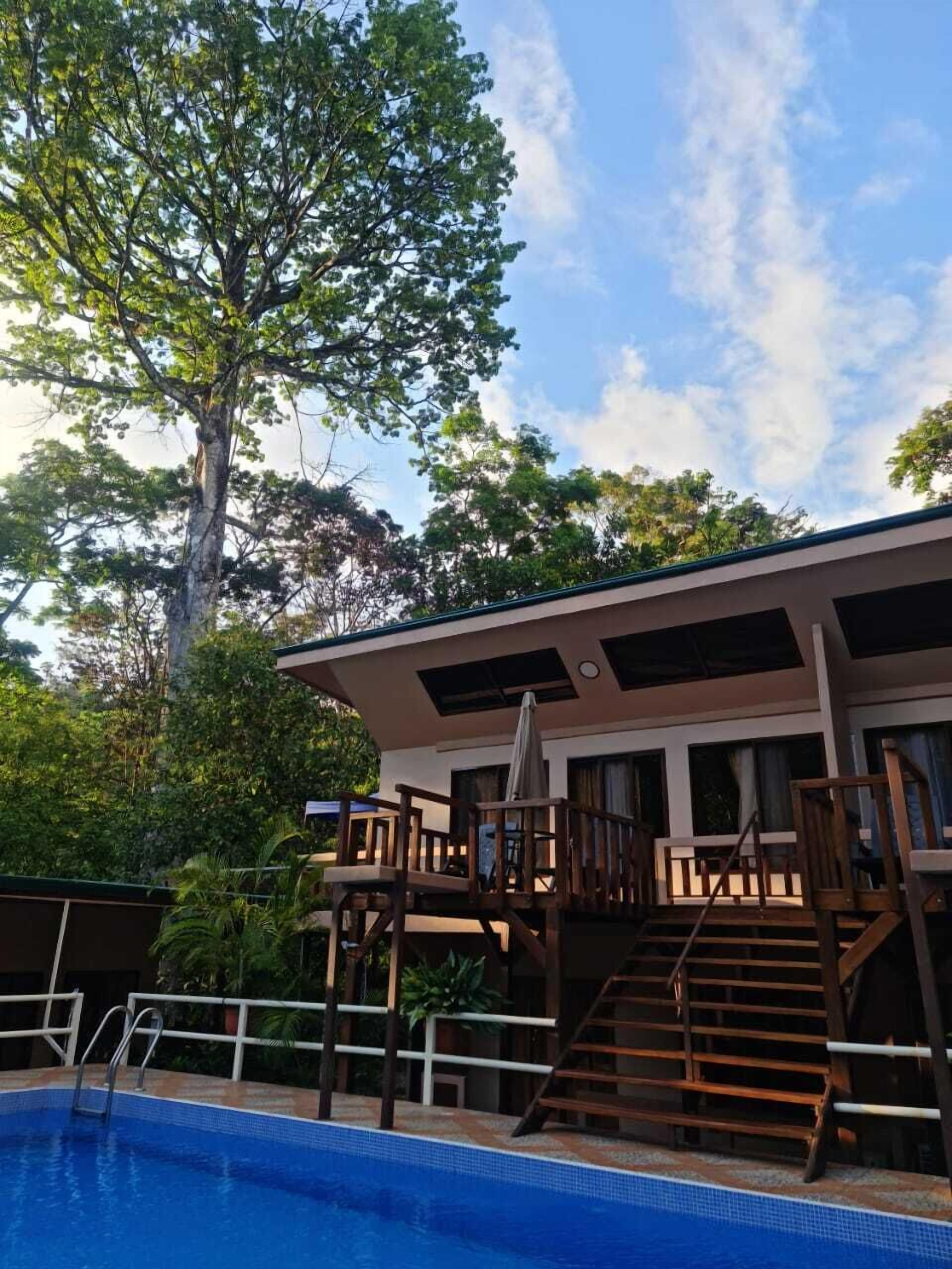A poolside area with a wooden deck, a staircase leading to a covered deck, and a large tree in the background.