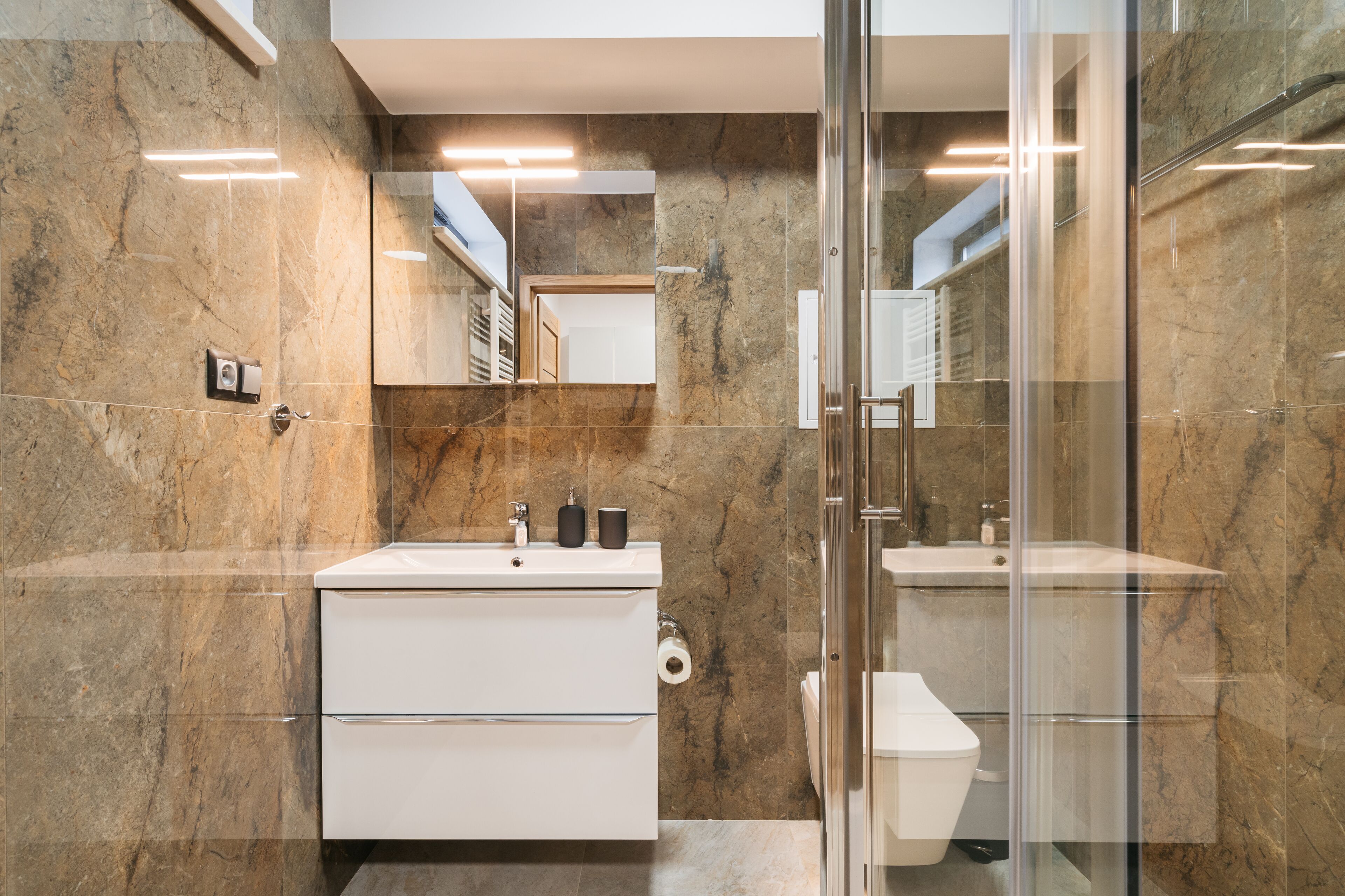 Shower, free toiletries, hair dryer, towels