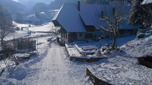 Een besneeuwd dorpje met een opvallend huis, voorzien van een steil dak en een zichtbare schoorsteen.
