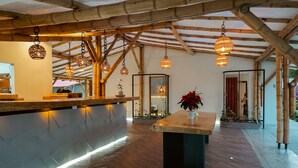Un espace d’accueil avec un comptoir en bois, des lampes suspendues en osier et une plante en pot.