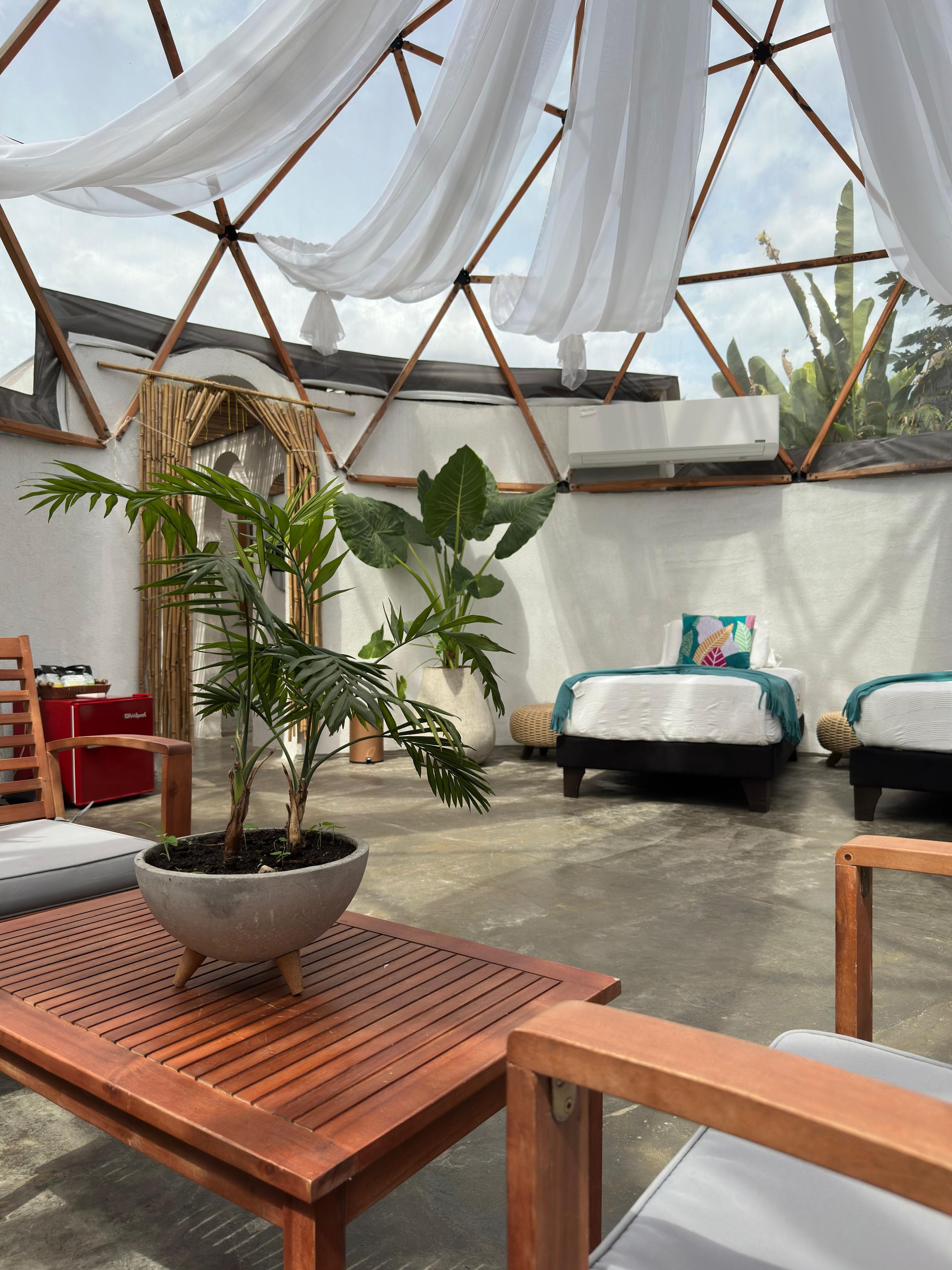 Una habitación amplia con un gran ventanal, una mesa de madera y una planta en maceta.