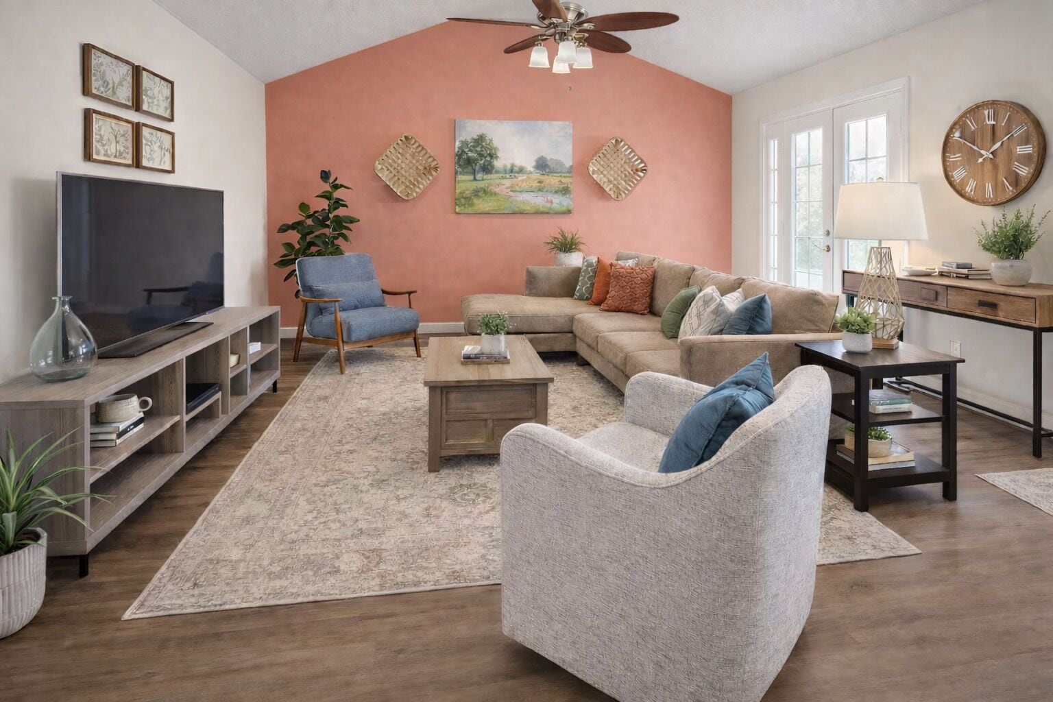 Smart TV, fireplace, books