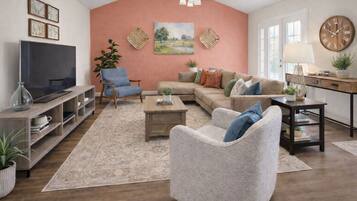 Smart TV, fireplace, books