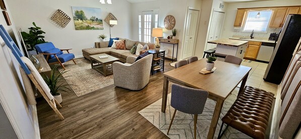 Smart TV, fireplace, books