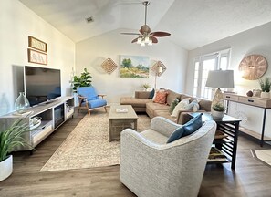 Smart TV, fireplace, books