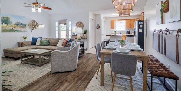 Smart TV, fireplace, books