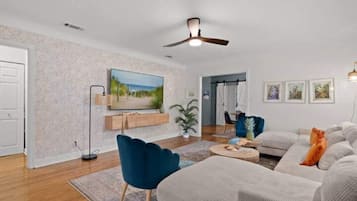 Smart TV, foosball, books, computer monitors