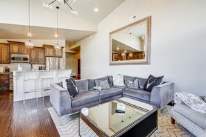 TV, fireplace, books