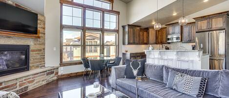 TV, fireplace, books