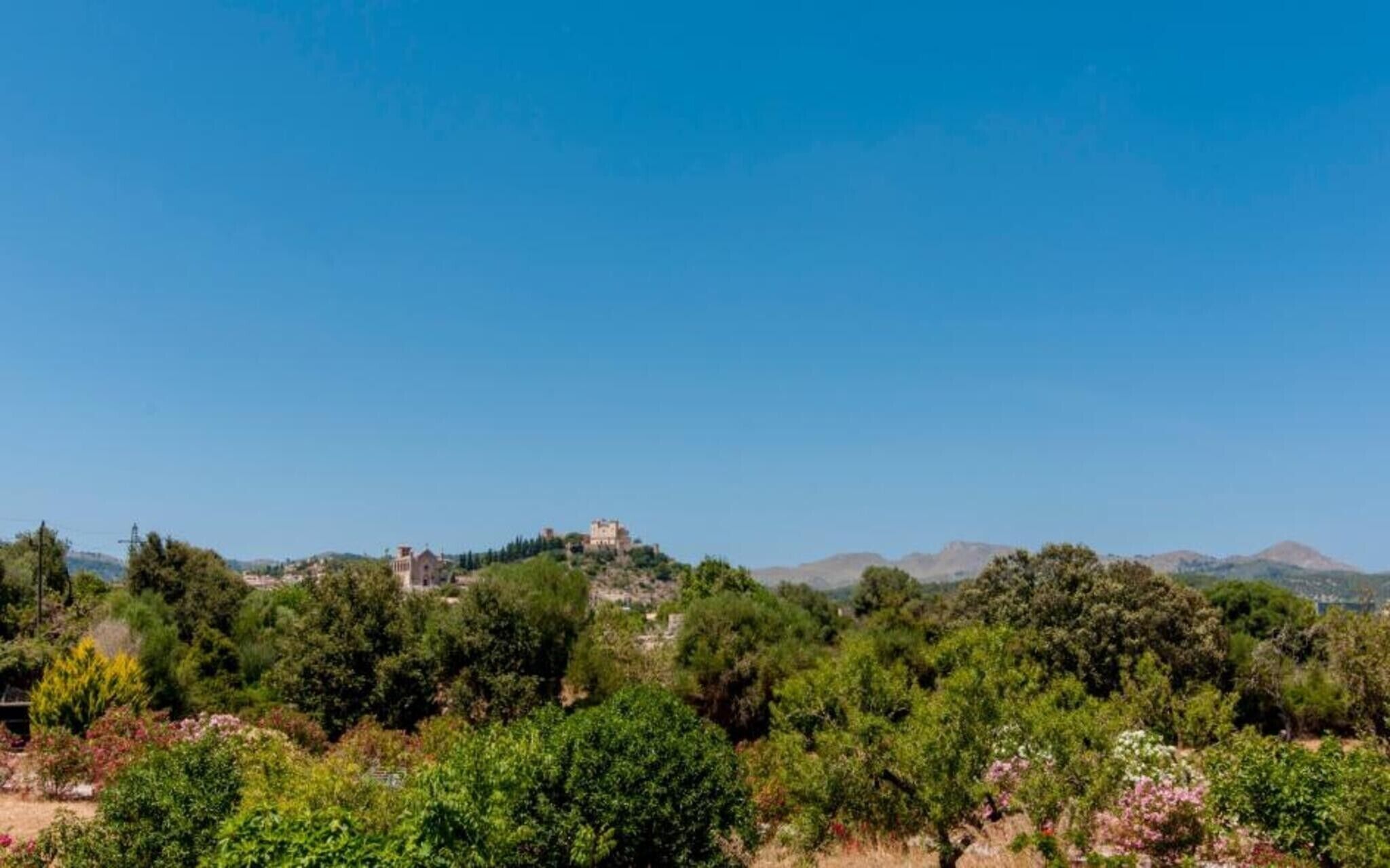 A landscape with a hilltop building, dense greenery, and distant mountains.
