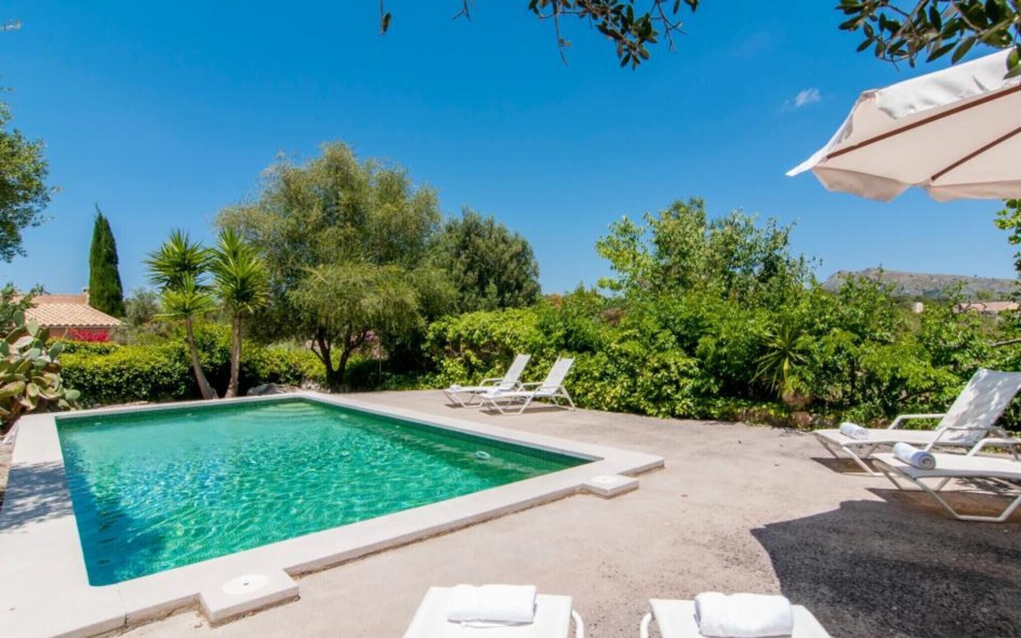 A rectangular swimming pool with clear water, surrounded by lounge chairs and umbrellas, set in a landscaped garden with trees and shrubs.