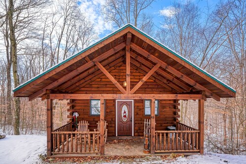 Bear Hugs cabin nestled in the woods.
