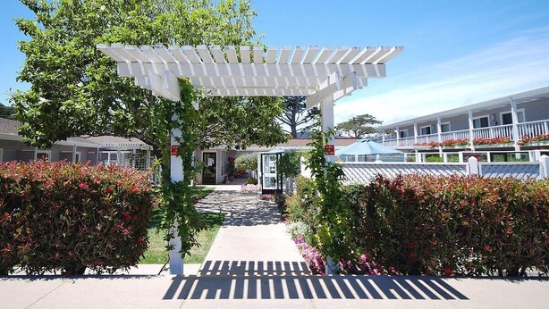 Ein überdachter Gang mit einer Pergola, umgeben von üppigem Grün und einem Gebäude mit weißer Fassade.