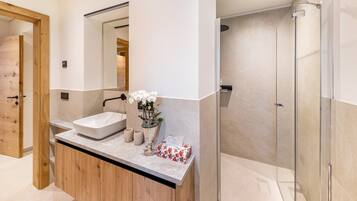 Shower, free toiletries, hair dryer, towels