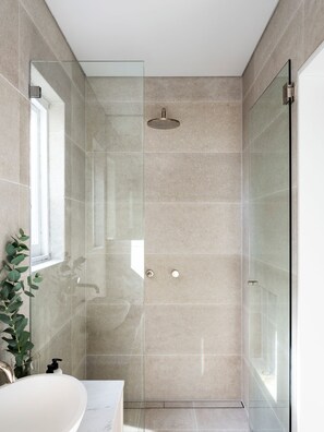 Shower, hair dryer, towels, soap