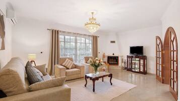 Una televisión, una chimenea