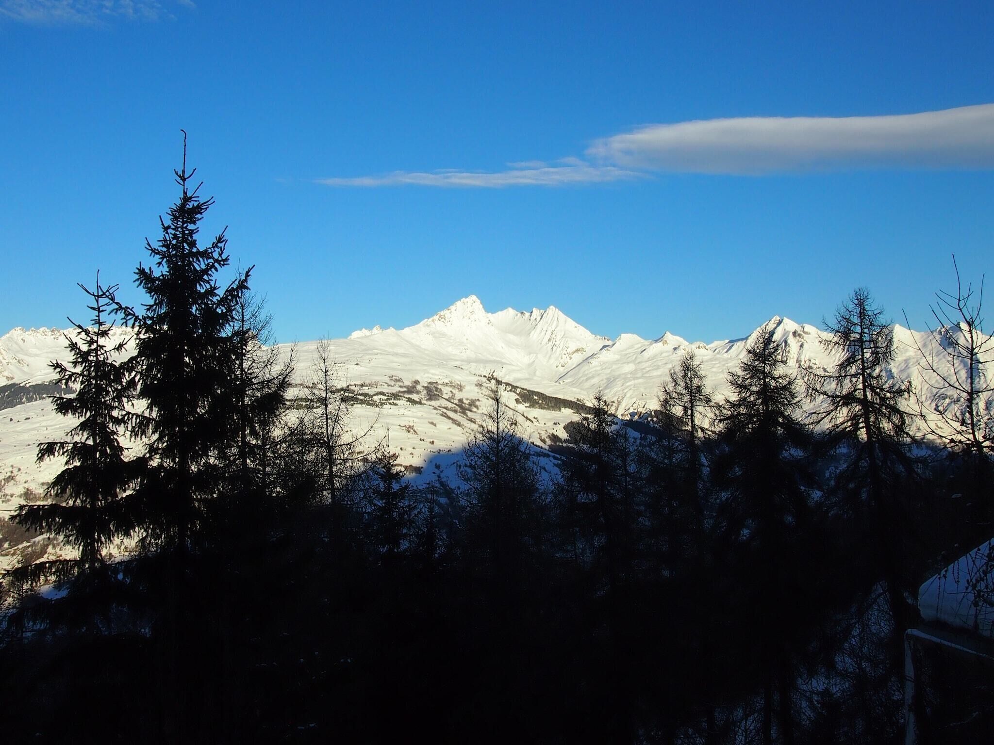 A mountain landscape with snow-covered peaks and trees in the foreground.