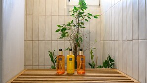 Un bany amb una banca de fusta, tres ampolles de productes de tocador i una planta en test.
