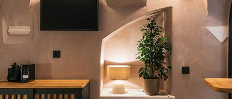 A modern interior with a wooden reception desk, a flat-screen TV mounted on the wall, a potted plant, and a table lamp.