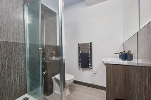 Shower, hair dryer, bidet, towels