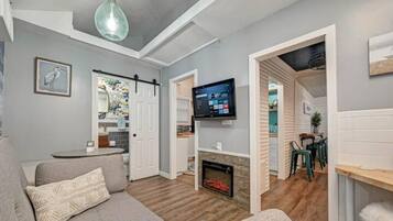 Smart TV, chimenea y libros