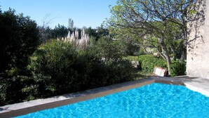 Una piscina con agua azul cristalina, rodeada de abundante vegetación y un muro de piedra.