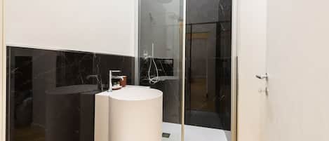 Regadera, secadora de cabello, bidet, toallas