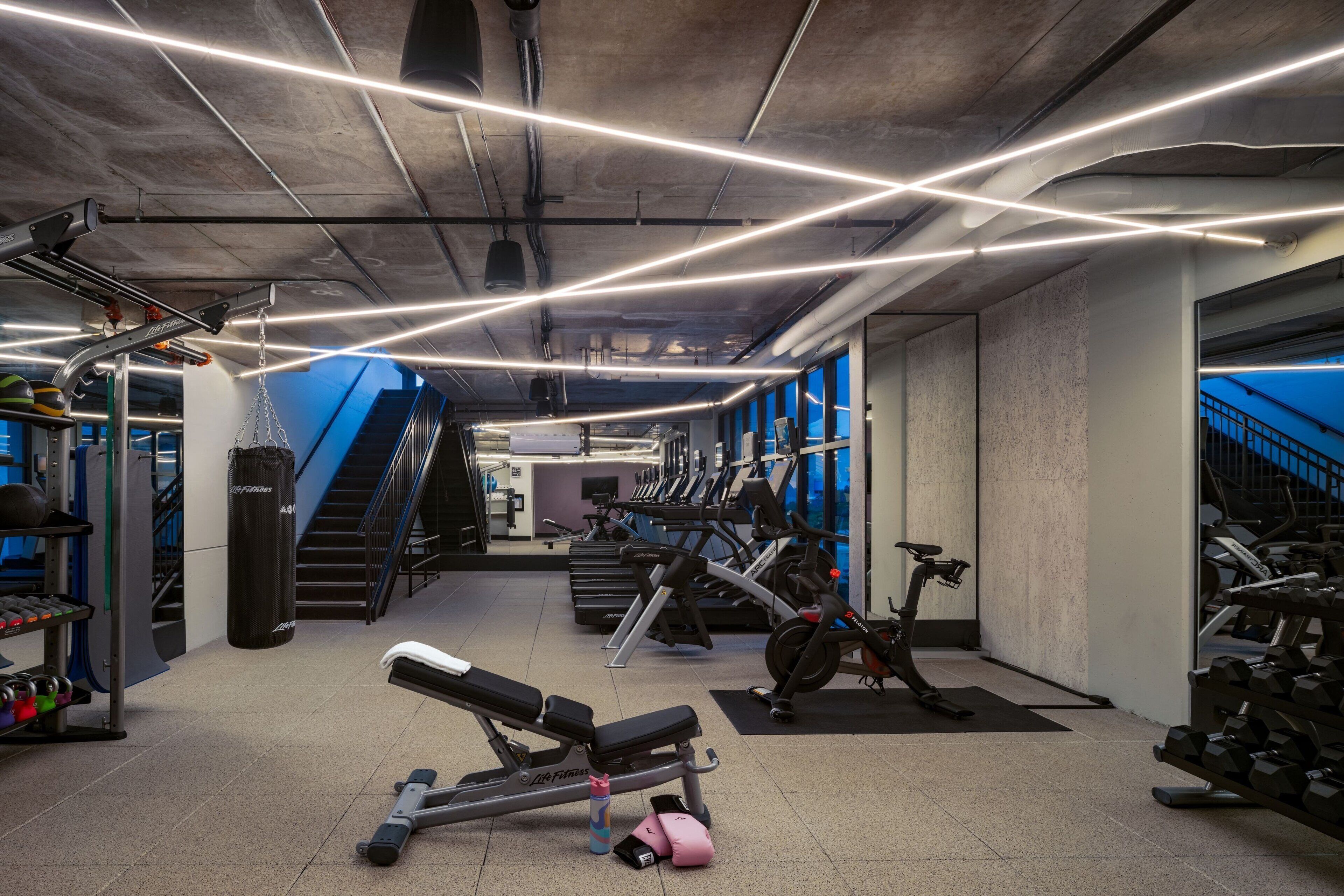 A gym with exercise equipment, a bench, dumbbells, and a punching bag.