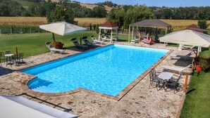 Ein rechteckiger Pool mit Steinrand, umgeben von Liegestühlen und Sonnenschirmen, eingebettet in eine Rasenfläche mit Weinbergen im Hintergrund.