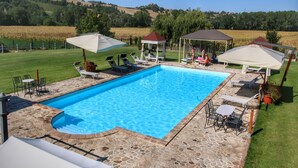 Une piscine rectangulaire bordée d’une terrasse en pierre, entourée de chaises longues et de parasols.