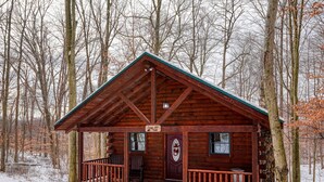 A wooden cabin with a porch, a sign reading "Curry Cabins," and a stone foundation.