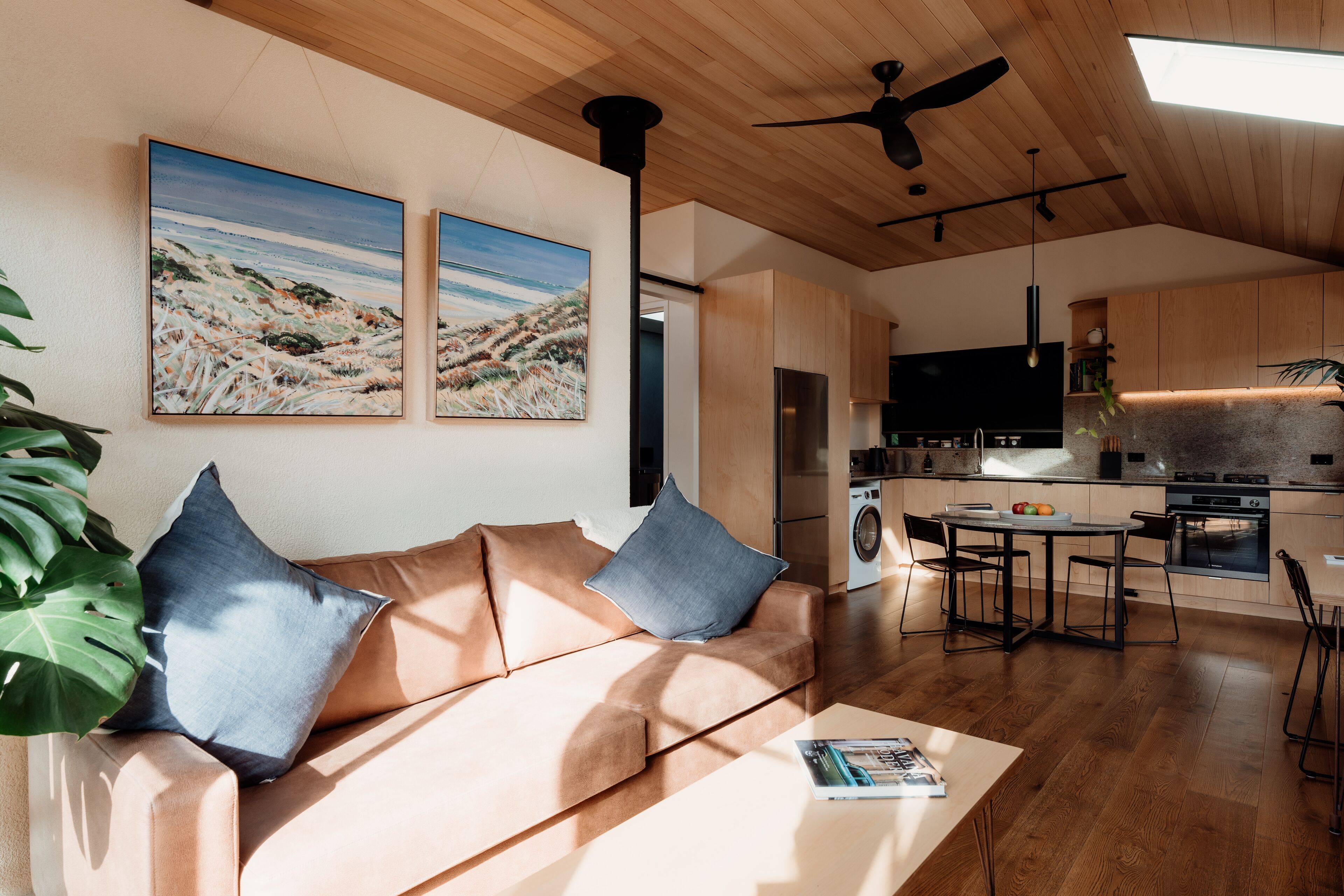 Smart TV, fireplace, books
