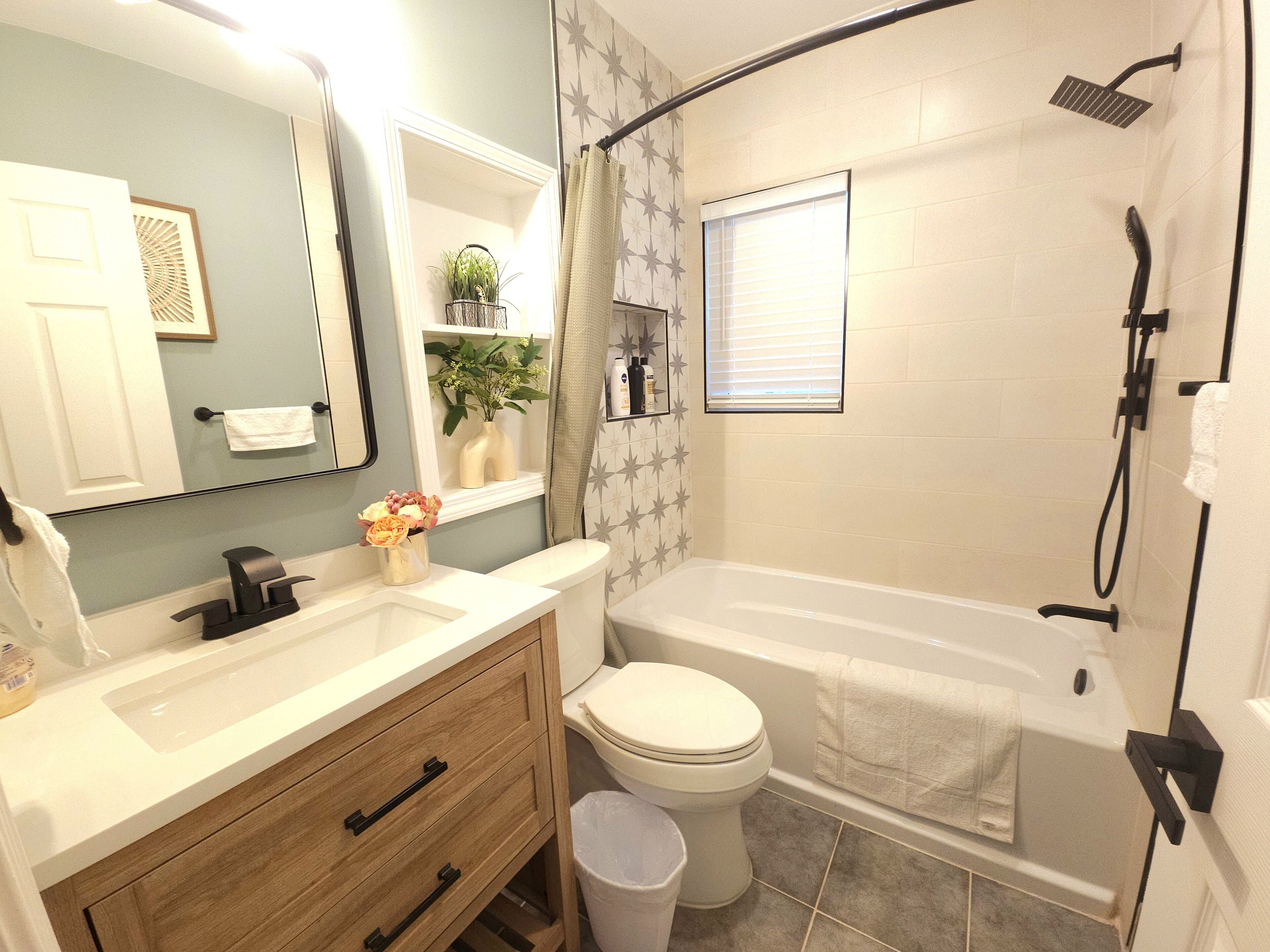 Hair dryer, towels, soap, shampoo