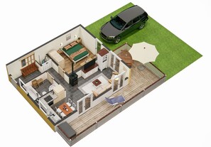 Un modèle 3D d’une maison comprenant un salon, une cuisine, un coin repas et une terrasse avec une voiture garée à l’extérieur.
