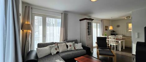 Télévision, cheminée, lecteur de DVD, chaîne hi-fi