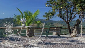 Eine Terrasse mit Tisch und Stühlen, einer Bank und einem Baum mit Früchten.