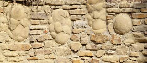 A stone wall with irregularly shaped stones and some vegetation growing in the crevices.