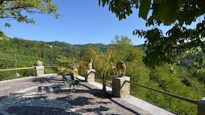 Une terrasse dallée, agrémentée de balustrades en pierre et de plantes en pot, qui offre une vue imprenable sur une vallée verdoyante et des collines.