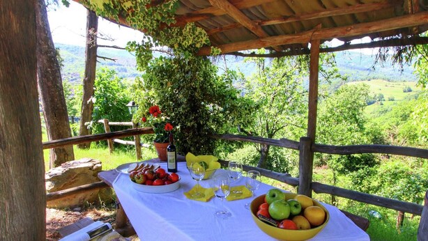 A picnic setup with a table set outdoors, surrounded by a wooden fence and trees, overlooking a lush landscape. - Charming Tuscan Farmhouse (Ortignano)