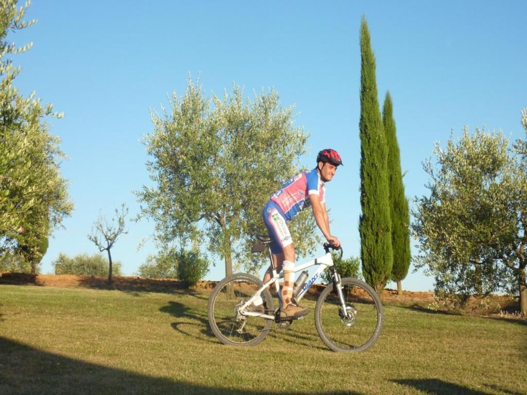 A cyclist on a road bike in a grassy area with trees and a clear sky.