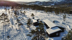 En hytte med sneklædt tag, omgivet af skov og bjerge i baggrunden.