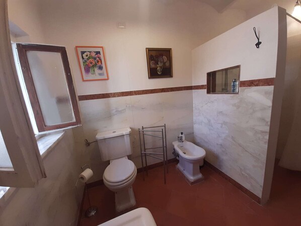 A bathroom with a toilet, bidet, and a small sink.