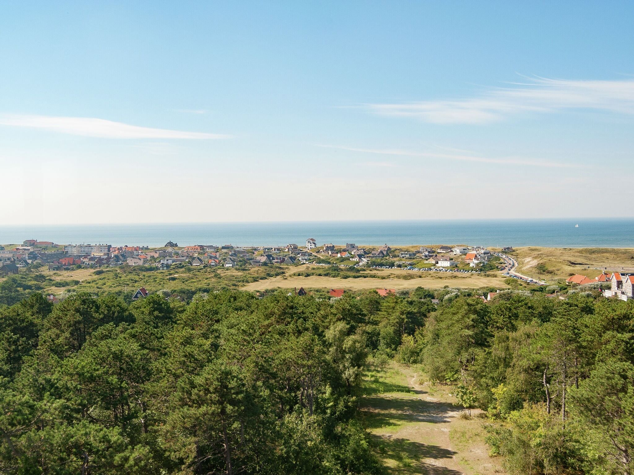 Eine Küstenstadt mit einer Mischung aus Wohn- und Geschäftshäusern, freiem Blick auf das Meer und einem bewaldeten Bereich im Vordergrund.