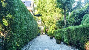 A pathway flanked by neatly trimmed hedges and potted plants, leading towards a building with a visible staircase.